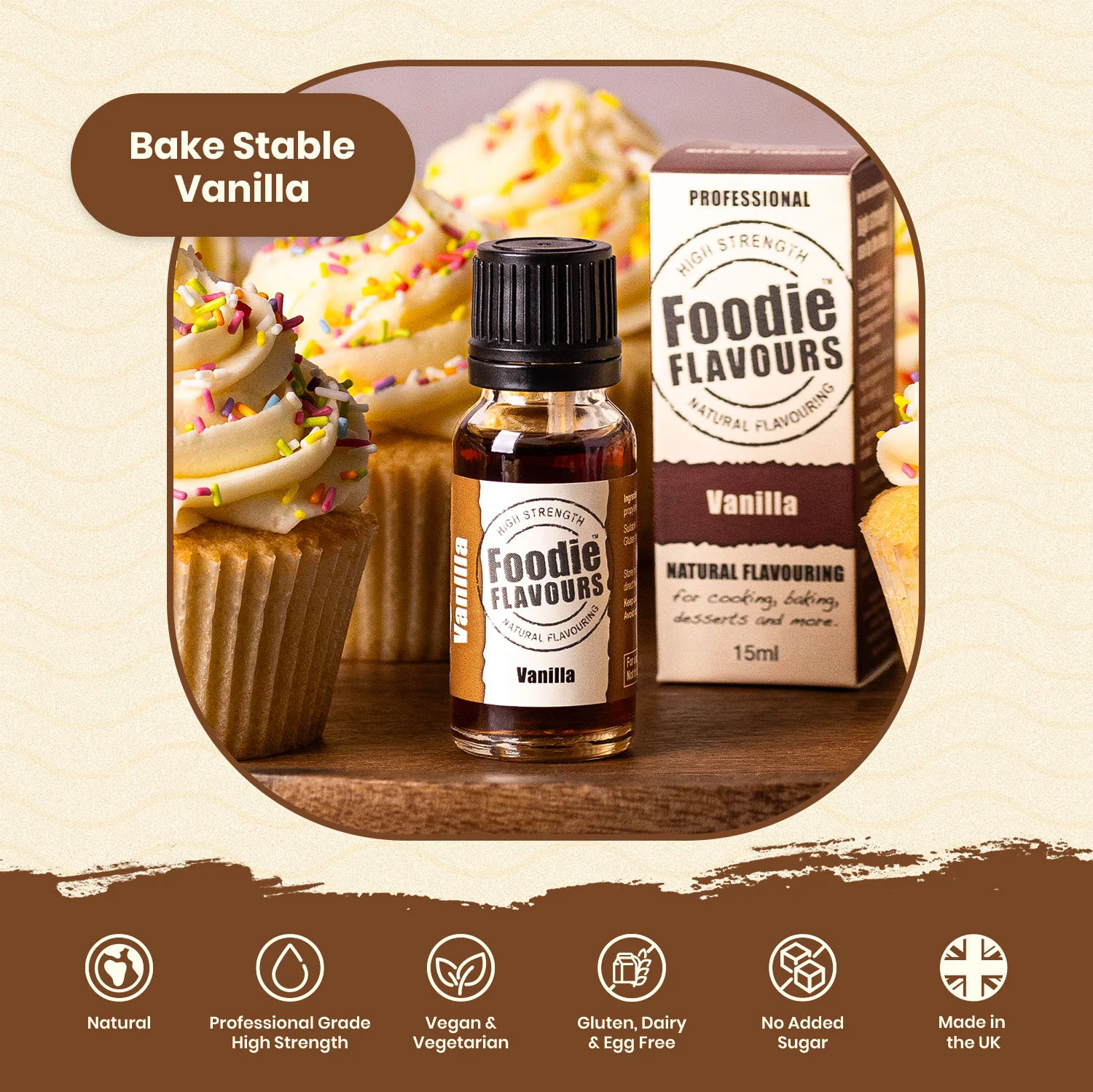 Vanilla Natural Flavouring - Foodie Flavours - Features: Natural, high strength, Vegan, Gluten-free, No Added sugar, Made in the UK