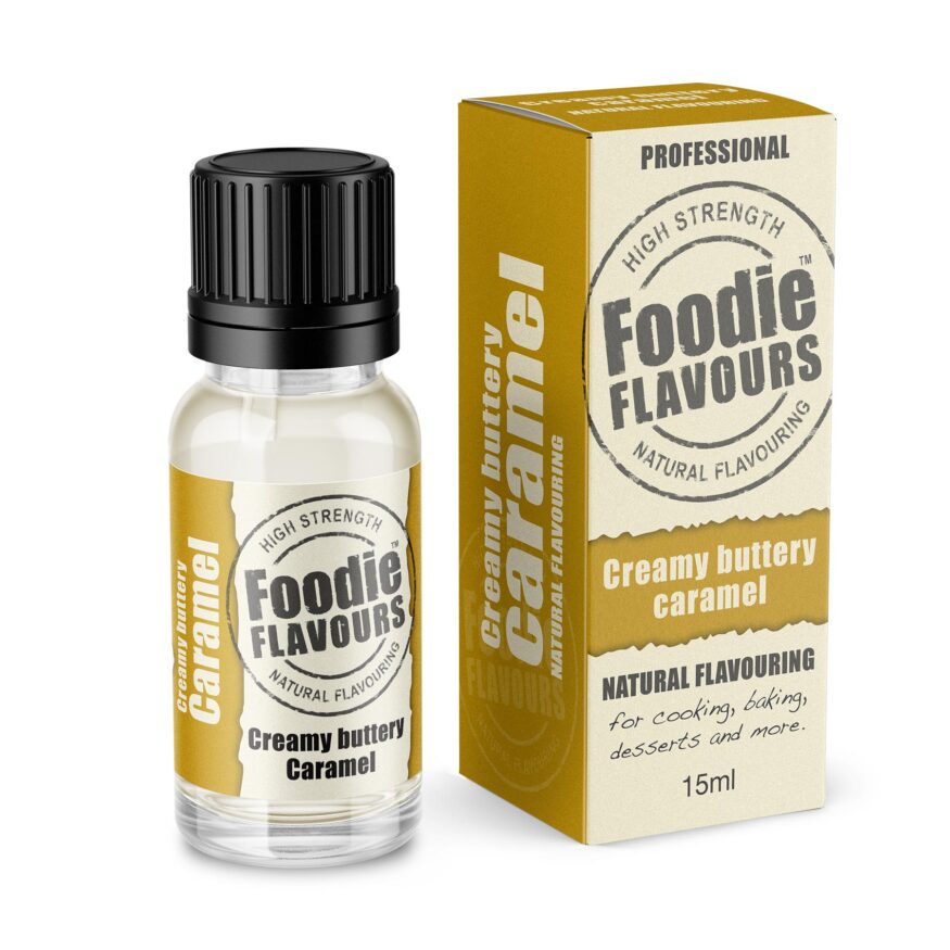 creamy buttery caramel natural flavouring bottle and box