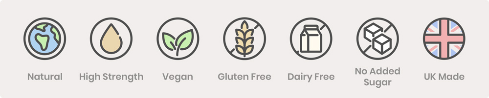 natural flavouring features, natural, high strength, vegan, gluten free, dairy free, no added sugar, UK made