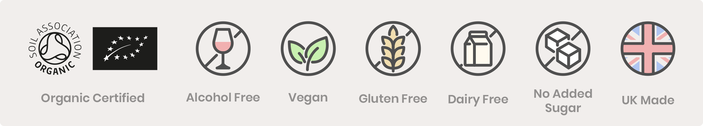 organic certified, alcohol free, vegan, gluten free, dairy free, no added sugar, made in the UK